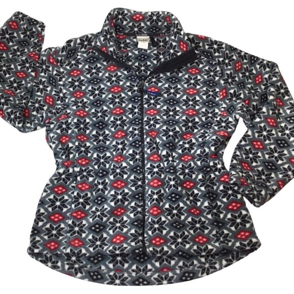 L.L. Bean Fleece Jacket Coat Full Zip Snowflake Adj Waist Pockets Black Red - Picture 7 of 9